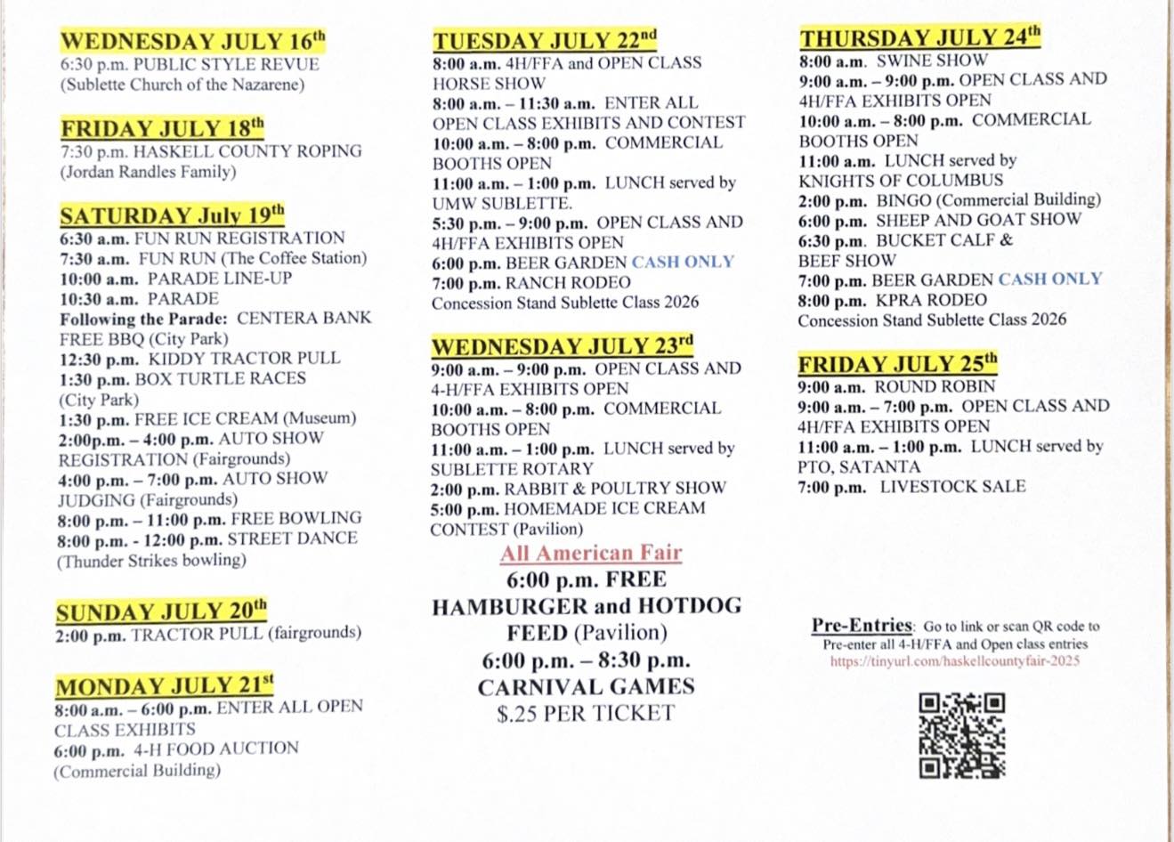 Haskell Fair Schedule